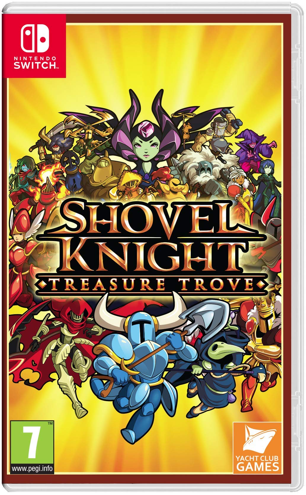 Shovel Knight: Treasure Trove Nintendo Switch game cover featuring retro-inspired action characters.