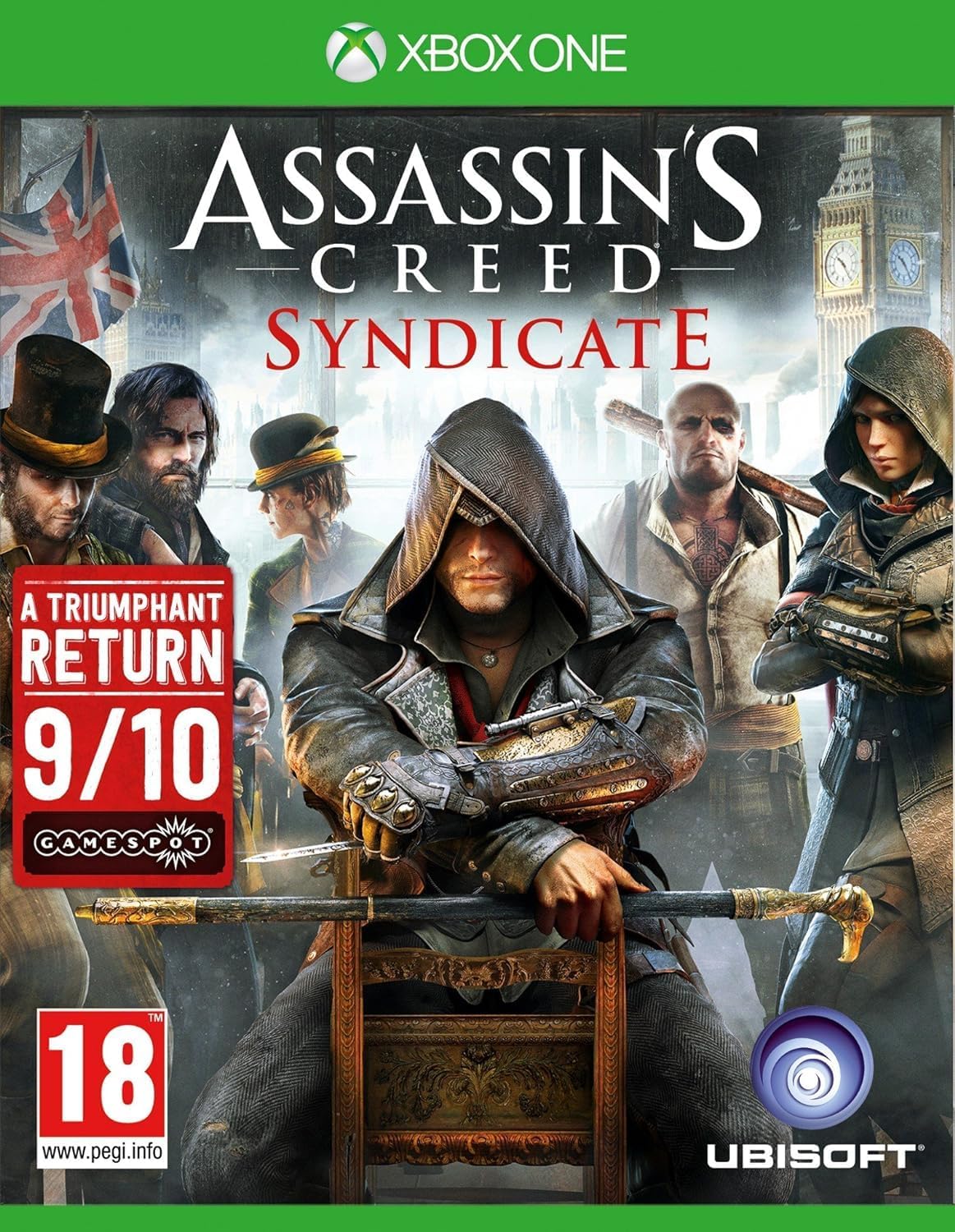 Assassin's Creed Syndicate Xbox One game cover featuring Victorian London setting.