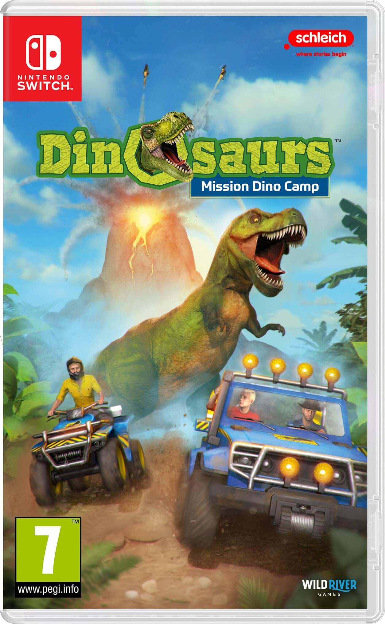 Dinosaurs Mission Dino Camp Nintendo Switch game cover with explorers, vehicles, and a dinosaur.