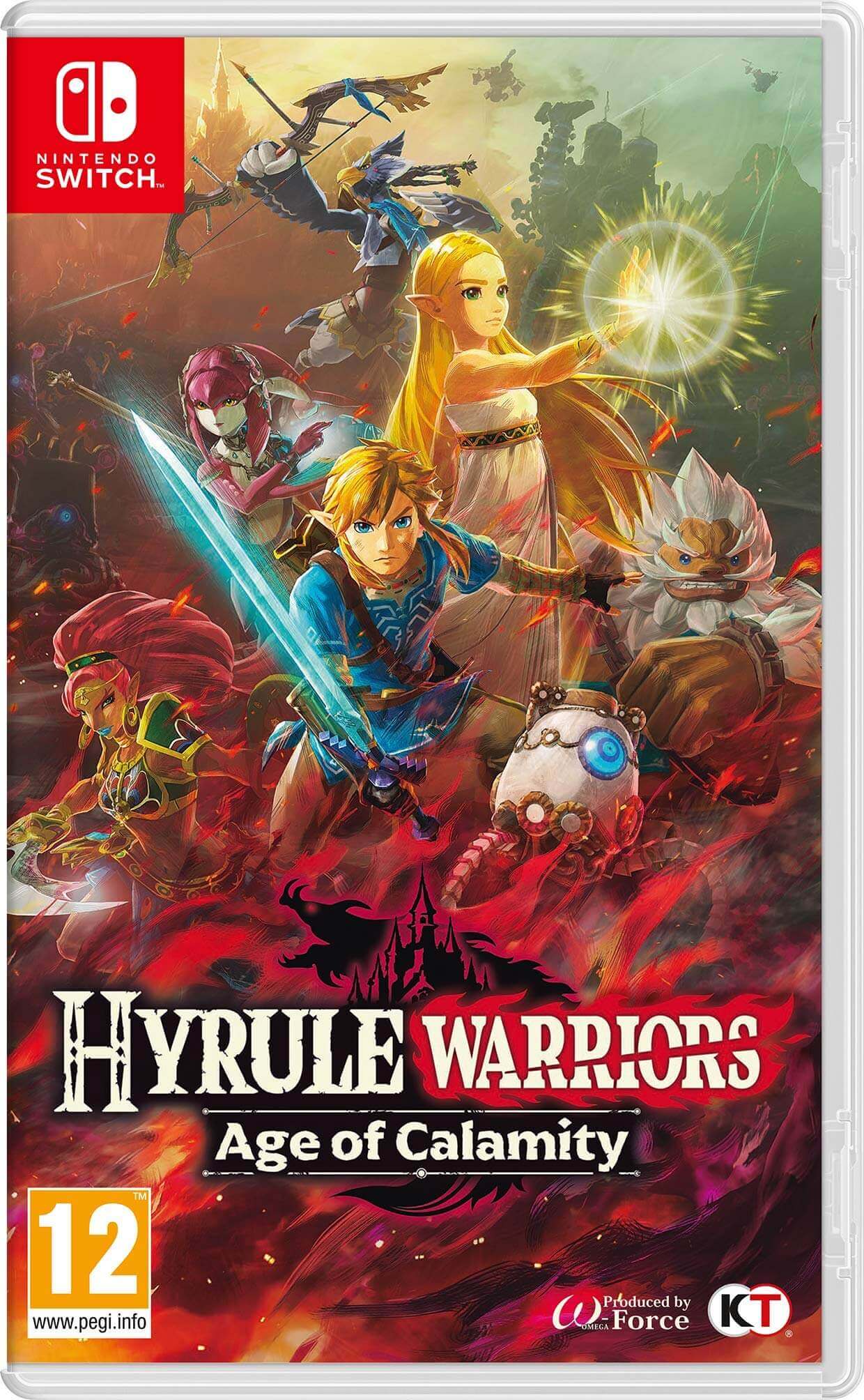 Hyrule Warriors Age of Calamity Nintendo Switch game cover featuring Link, Zelda, and other characters.