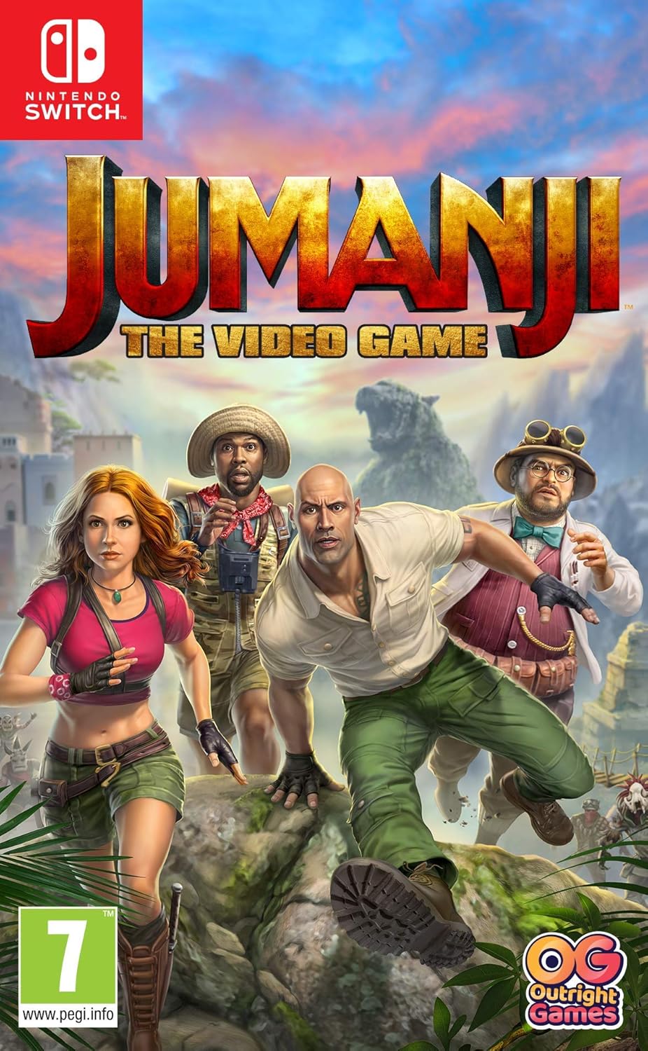 Jumanji: The Video Game Nintendo Switch cover with characters and jungle backdrop.