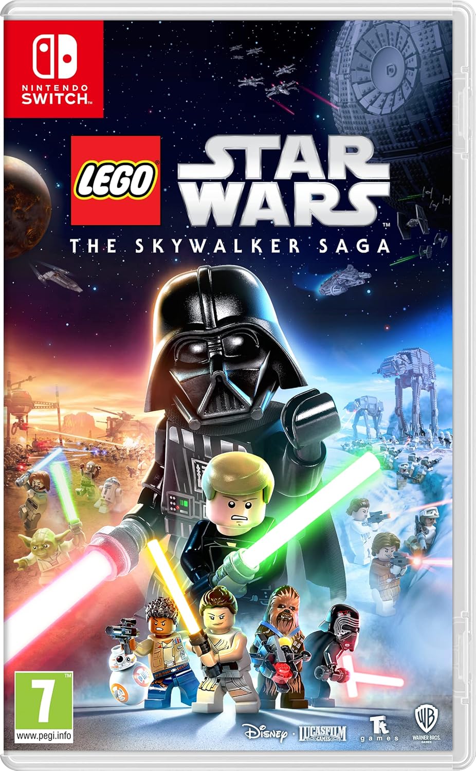 Lego Star Wars Skywalker Saga Nintendo Switch game cover featuring iconic characters and lightsabers.