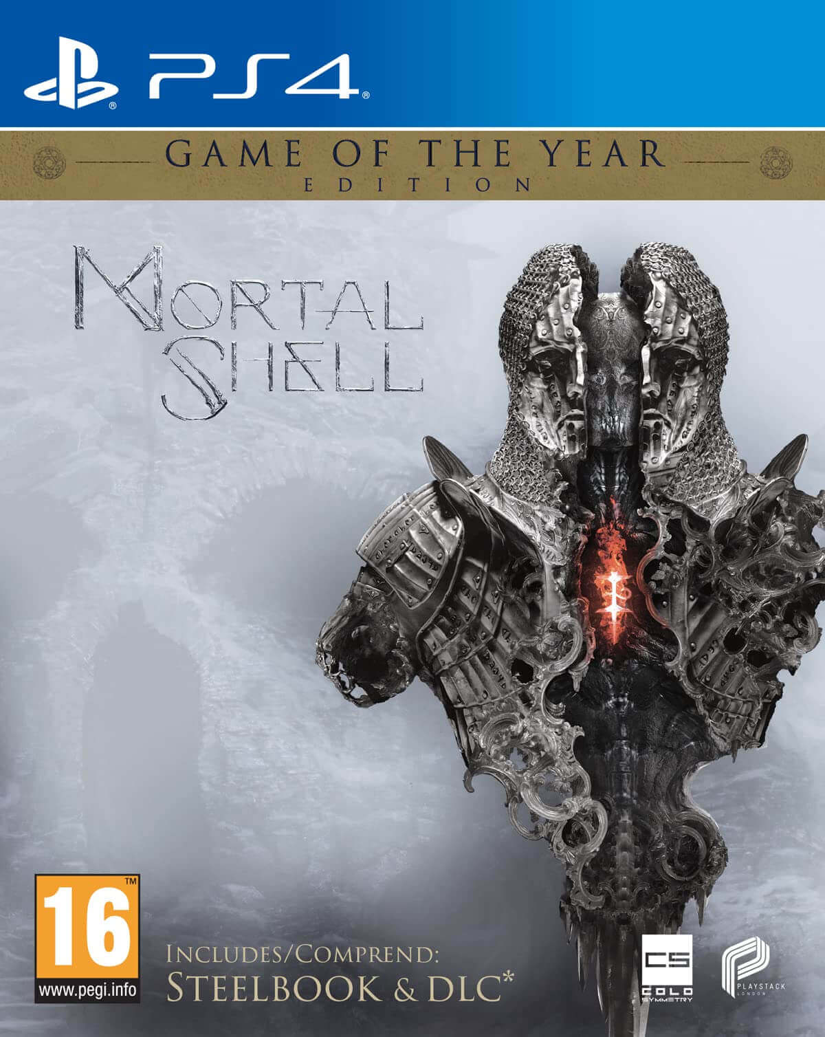 Mortal Shell Game of the Year PS4 cover with steelbook, DLC, poster, postcards, and developers' letter.