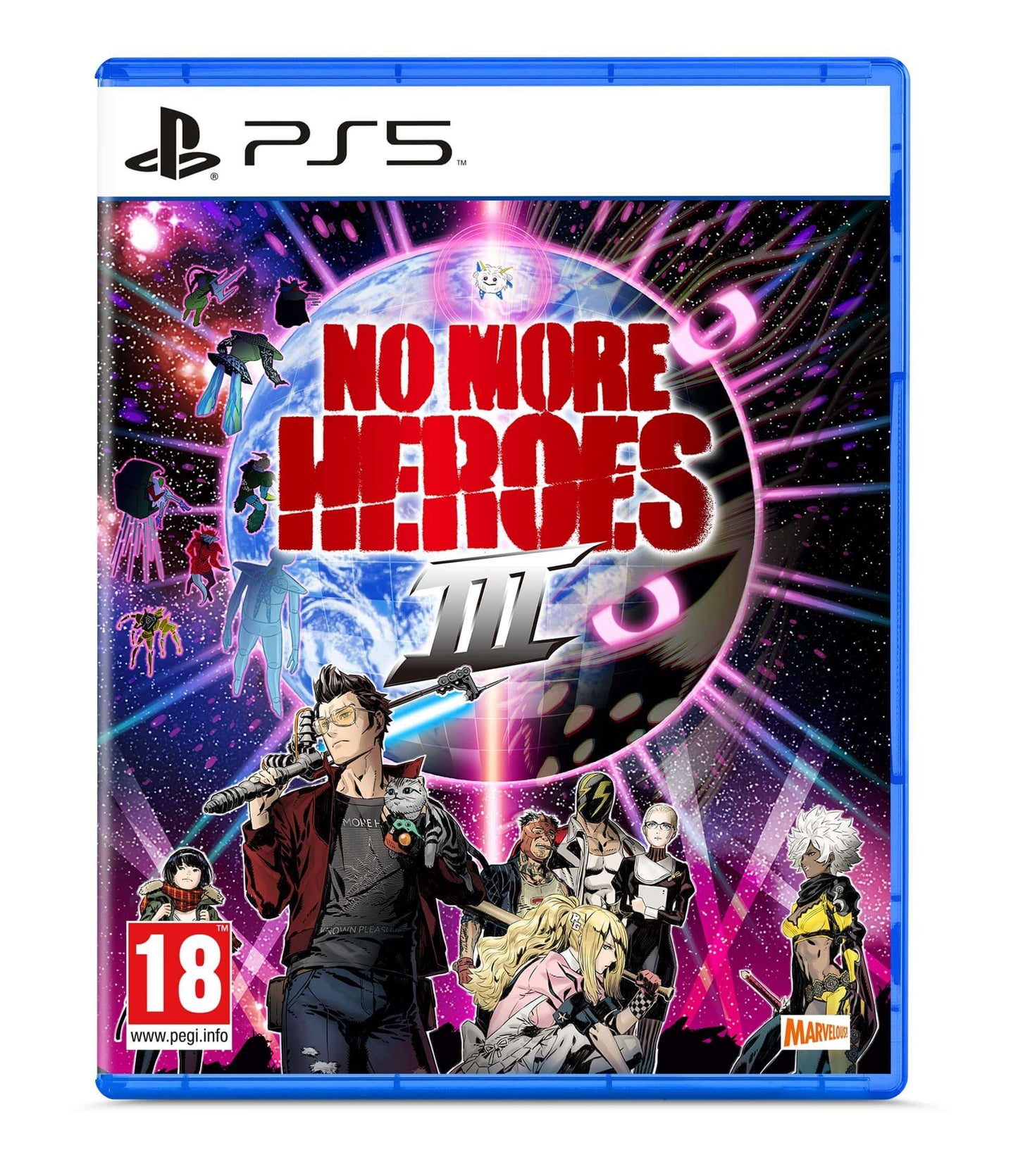 No More Heroes 3 PS5 game cover featuring Travis Touchdown and vibrant cosmic artwork.