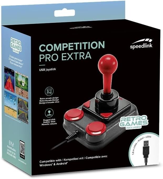 SPEEDLINK SL-650212-BKRD Competition PRO EXTRA USB Joystick Anniversary Edition packaging, featuring a retro black and red design.