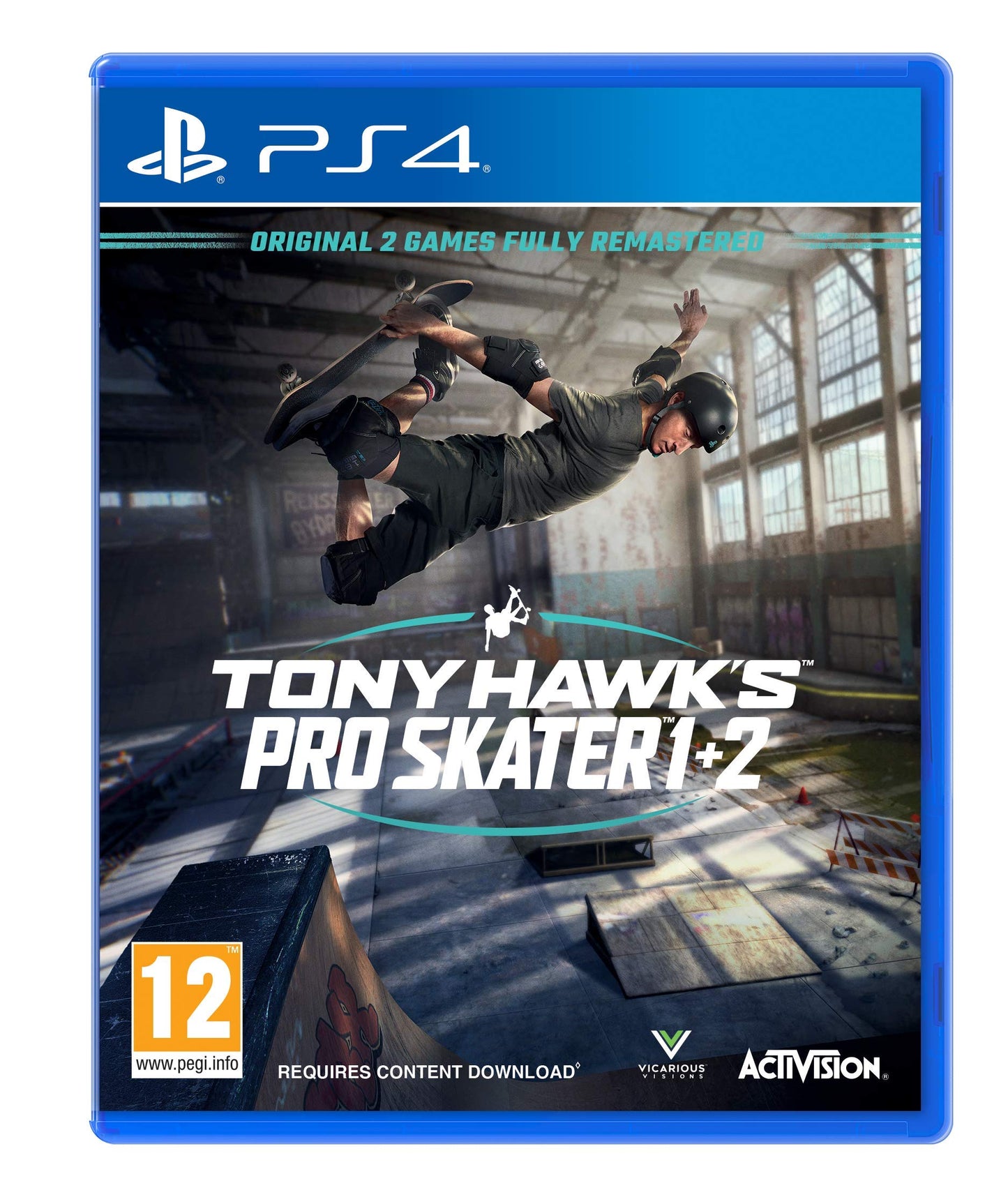 Tony Hawk's Pro Skater 1 + 2 PS4 game cover with skateboarder mid-trick in a warehouse setting.