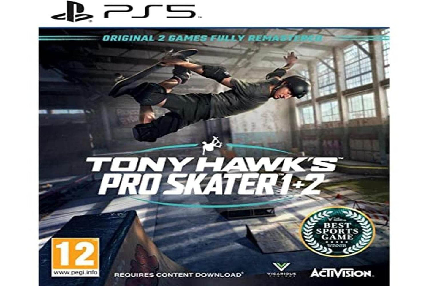Tony Hawk's Pro Skater 1+2 PS5 game cover featuring a skater mid-air in a warehouse setting.
