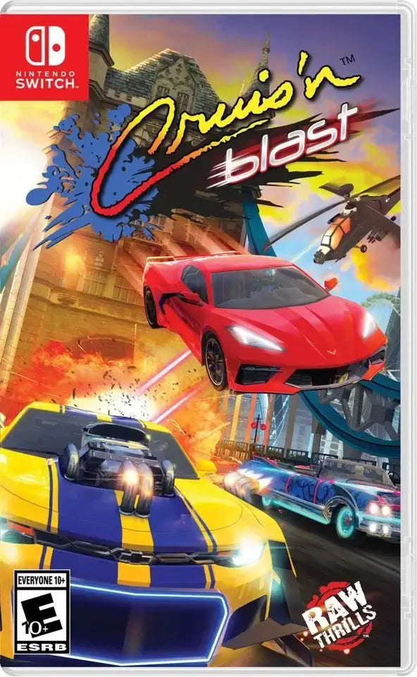 Cruis'n Blast Nintendo Switch game cover featuring racing cars and dynamic action scenes.