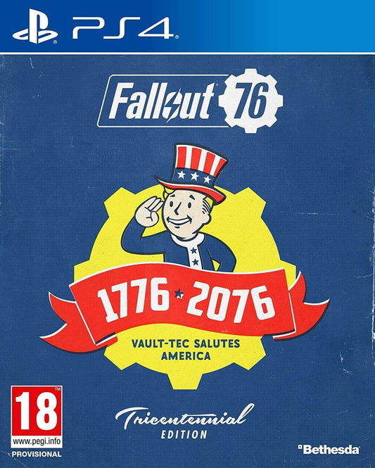 Fallout 76 Tricentennial Edition PS4 cover art featuring patriotic graphics and Uncle Sam character.