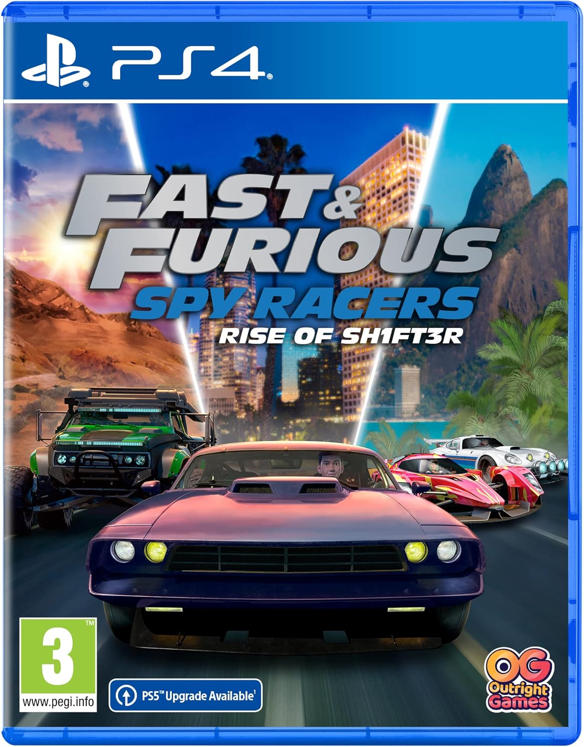 Fast & Furious Spy Racers Rise of SH1FT3R PS4 game cover featuring cars and exotic locations.