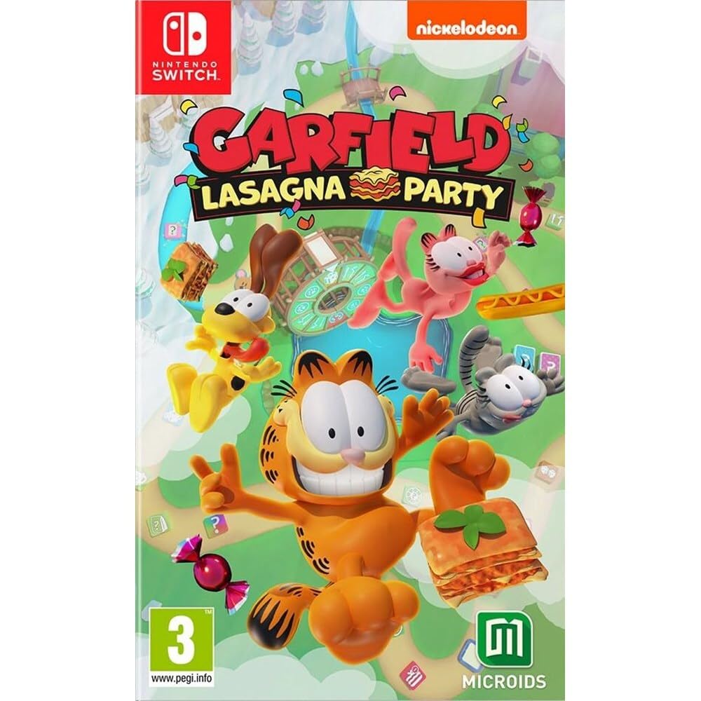 Garfield Lasagna Party Nintendo Switch game cover with Garfield and friends in playful poses.