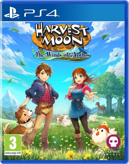 Harvest Moon the Winds of Anthos PS4 game cover featuring characters and animals in vibrant landscape.