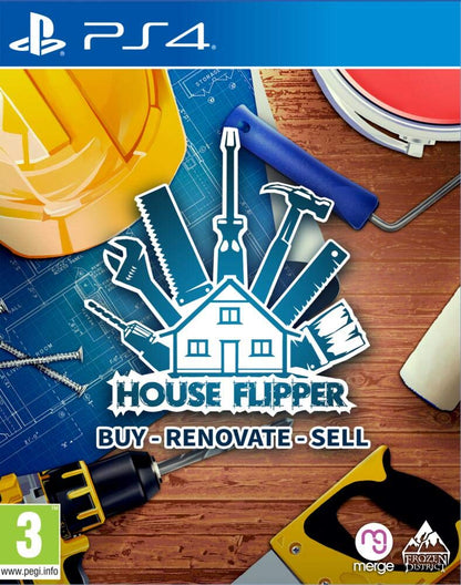 House Flipper PS4 game cover featuring renovation tools and blueprint.