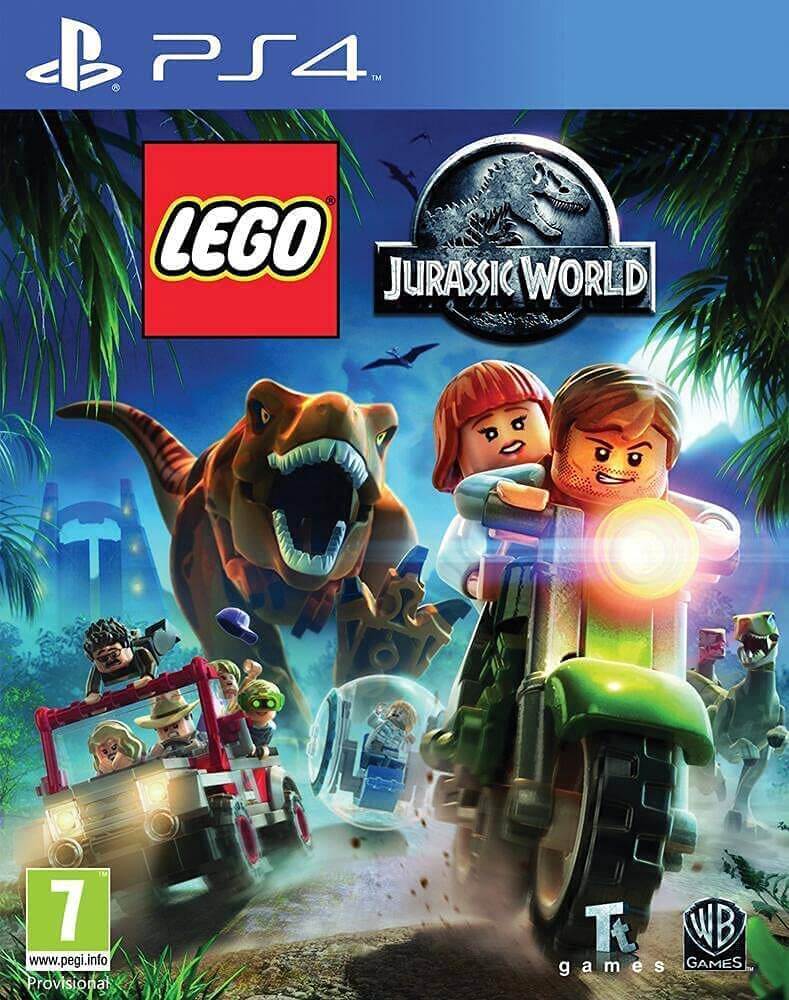 Lego Jurassic World PS4 video game cover featuring characters and dinosaurs.