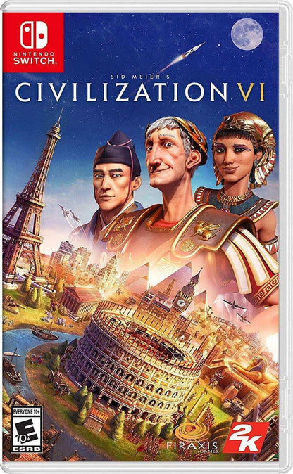 Sid Meier's Civilization VI Nintendo Switch game cover with historical leaders and iconic landmarks.