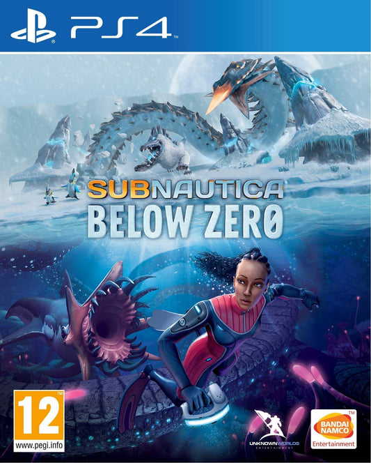 Subnautica Below Zero PS4 game cover, featuring icy underwater scenes and diverse alien creatures.