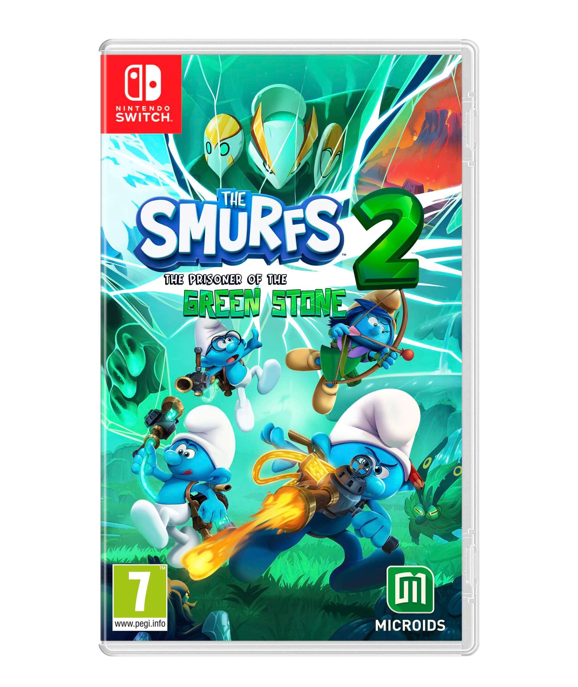 The Smurfs 2 Prisoner of the Green Stone Nintendo Switch game cover featuring iconic Smurfs, dynamic gameplay, and co-op mode.