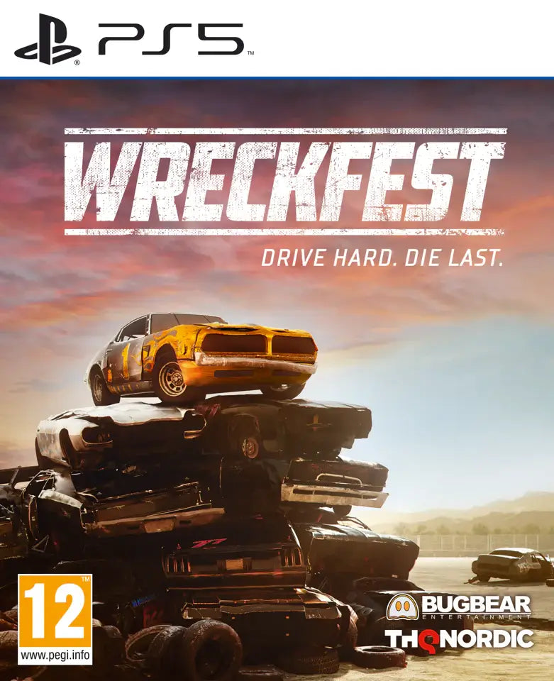 Wreckfest PS5 game cover featuring cars stacked for demolition derby action.