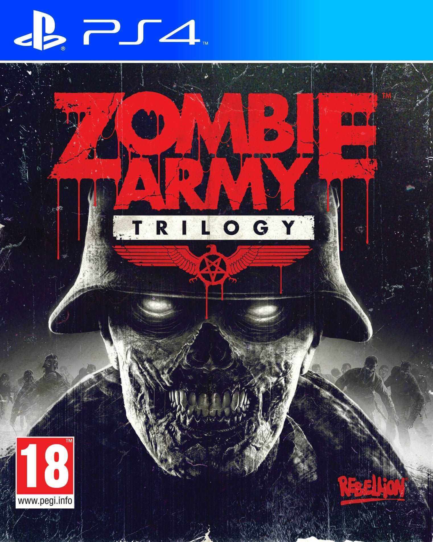 PS4 cover art for Zombie Army Trilogy featuring a sinister zombie soldier.